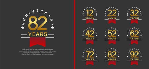 set of anniversary logo style with red ribbon. vector design gold color for celebration