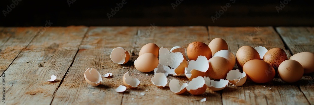 Poster numerous brown chicken eggs and broken eggshells are scattered across a weathered wooden table, crea