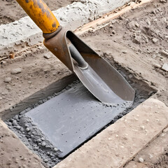 Old metal bricklaying trowel with wet cement, mortar isolated  