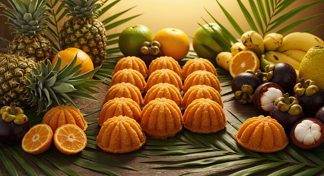 Kue Cubir arranged in a neat row, surrounded by tropical fruits and palm leaves, with soft light shining on them