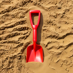 Red plastic shovel in sand, beach toy isolated 
