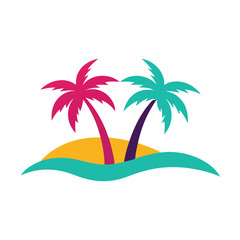 Tropical Palm Trees on Wave  Summer Beach Icon, Vector Illustration