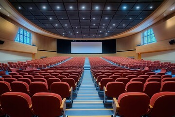 Naklejka premium Spacious auditorium with red seating and large screen awaits audience for exciting presentations and events