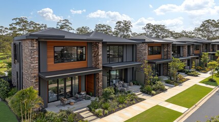 Fototapeta premium Modern townhouses in a landscaped neighborhood