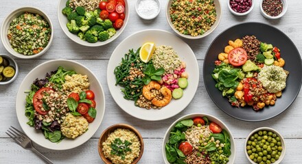 Various bowls of healthy food including vegetables grains and protein on table.