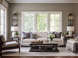 Elegant Living Room with White Sofa and Large Windows