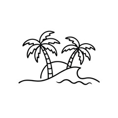 Palm Trees on Ocean Wave Vector – Line Art, Tropical Beach Illustration, Summer Clipar