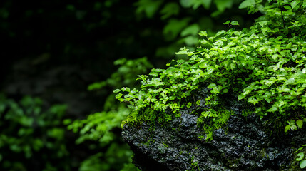 Close Up Of Lush Green Moss And Plants On Dark Rock