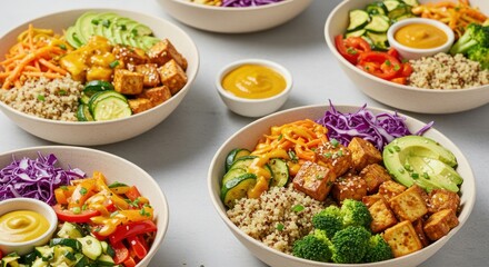 Several bowls of colorful food with vegetables and grains on a table.