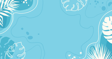 Summer tropical vector background. Tropic banner with white jungle palm leaves, monstera, banana, lines, graphic elements in minimal simple flat modern style. Sea paradise banner design