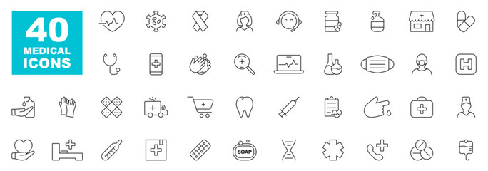 Medical line icon set. Medicine and healthcare symbols. Medicine, doctor, hospital, pharmacy, pills, treatment etc. Editable stroke. Vector illustration.