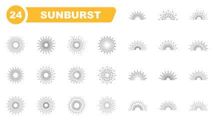 Sunburst icon set. Light rays collection. Vintage sunburst. Explosion, firework, sparks, star light, sun rays. Elements for logotype, emblem, banner or lettering. Vector illustration.