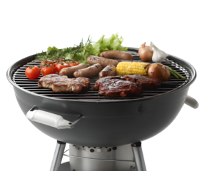 A charcoal grill is cooking meat, sausages, corn, and vegetables for a fresh and flavorful outdoor meal on a warm sunny day.