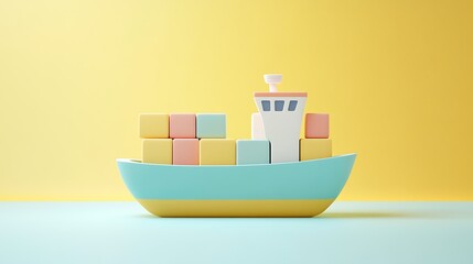 Fototapeta premium Cute Cargo Ship on Pastel Background