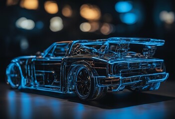 car blue background neon ob wire sport black model drafting gear construction change speed view technology shape engine computer machine generated blueprint frame line headlamp rendering engineering