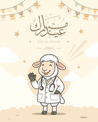 Eid Al Adha greeting card with smiling cartoon sheep in doctor outfit, waving hand, Arabic calligraphy and beige festive background with flags and stars. Perfect for social media and celebration posts