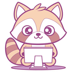 Cute Cartoon Raccoon Holding a Computer with Striped Tail & Violet Outline