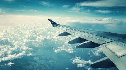 Obraz premium Airplane wing above clouds, coastal view, travel