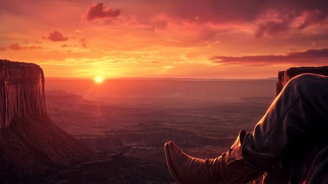 Cowboy boots rest on a cliff edge under a dramatic sunset sky, casting a serene and peaceful atmosphere over the canyon landscape. Video made using Generative AI.