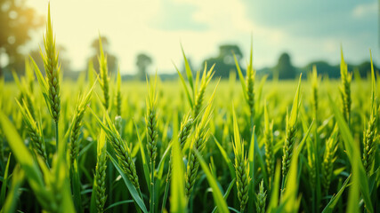 Fototapeta premium Vibrant Green Wheat Field at Sunrise