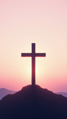 A cross on a mountain at sunrise with an overlay effect suggesting digital art or editing.
