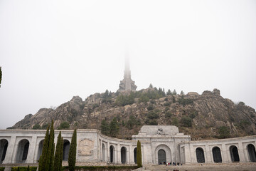 Front View of Valley of the Fallen on a Cloudy Day with Monumental Cross