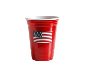 Celebrate American spirit with a patriotic red cup, perfect for festive gatherings. Stars and stripes show national pride in party style.