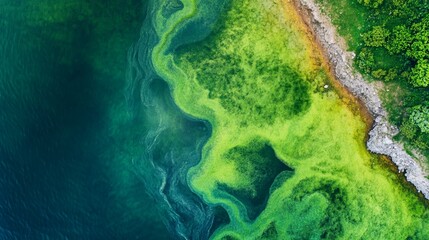 Fototapeta premium Aerial View of Lush Green Riverbanks and Forest With Flowing Water in Nature