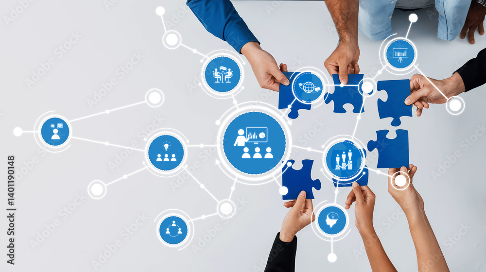 Leinwandbilder A vibrant image depicting hands collaborating to solve problems with puzzle pieces and digital icons, symbolizing teamwork, communication, and innovative thinking in a dynamic environment. Amity