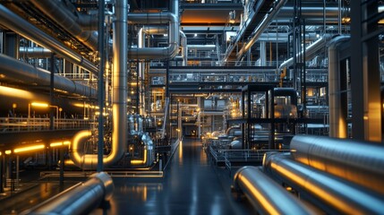 Obraz premium A Factory Featuring Numerous Technologically Advanced Production Lines With Metal Structures and Brightly Lit Hallways in a High-Tech Industrial Environment