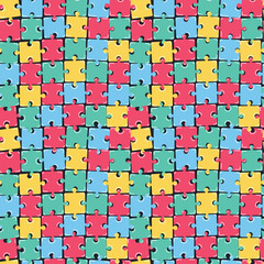 Puzzle Vector Pattern. Seamless Children's Background. Abstract Colorful Print. Template. Vector Illustration in Yellow, Green, Red, Blue