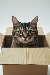 Cute Cat Inside Cardboard Box Looking Out with Innocent Face

