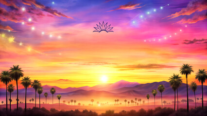 "Watercolor Sunset Background in Pink, Purple & Gold – Breathtaking Coachella-Inspired Festival Sky with Copy Space"