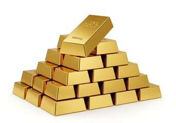 A 3d pyramid stack of shiny gold bars on a white background.