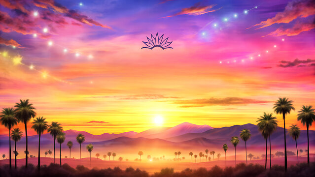 "Watercolor Sunset Background in Pink, Purple & Gold – Breathtaking Coachella-Inspired Festival Sky with Copy Space"