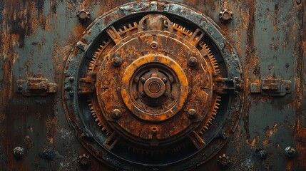 Fototapeta premium Symmetrical Rusty Gears and Bolts in Industrial Setting Highlighting Mechanical Engineering and Vintage Design
