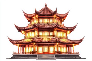 Obraz premium Watercolor traditional Asian pagoda with glowing windows and intricate serene architectural design