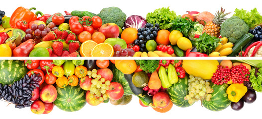 Beautiful fresh fruits, berries, vegetables isolated on white