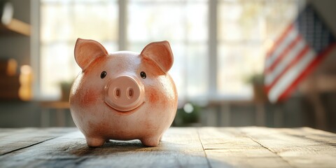 Cute piggy bank sits on a wooden table with an American flag in the background during daytime
