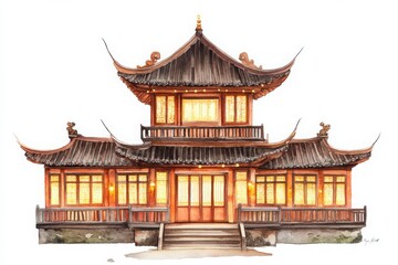 Obraz premium Watercolor traditional Asian pagoda with glowing windows and intricate serene architectural design