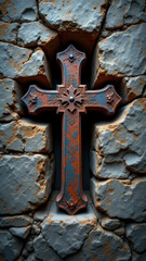 A weathered cross on a stone wall.