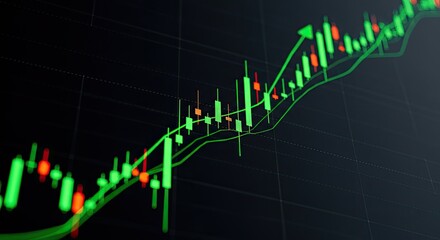 Financial Stock Market Graph Showing Growth and Investment Trends with Candlestick Charts and Upward Trending Line, Representing Economic Success and Positive Market Performance.