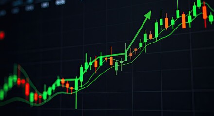 Financial Stock Market Growth Chart Showing Upward Trend with Candlestick Pattern and Green Arrow, Investment and Trading Concept