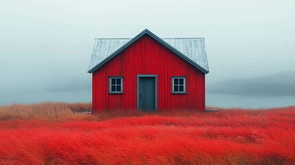 Obraz premium Vibrant red cabin nestled in stunning autumn foliage by a serene lake in a tranquil misty landscape during the golden hour