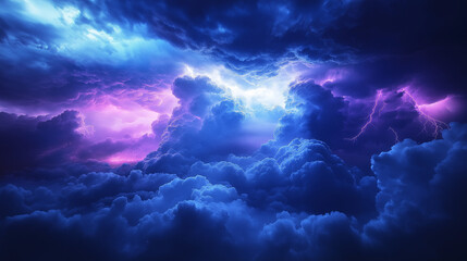 Stormy twilight skies filled with vibrant clouds and electric lightning illuminating the evening horizon.