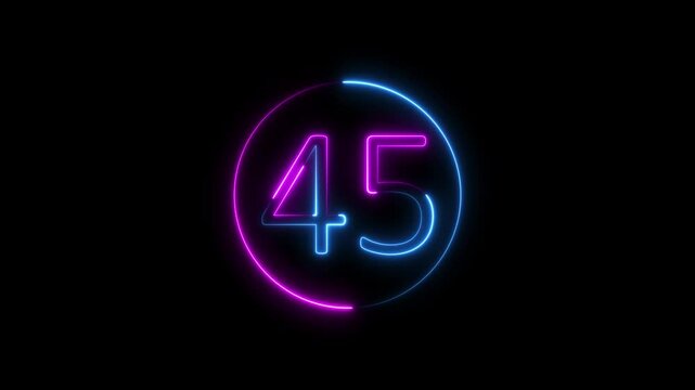 neon text 45 number countdown icon background 4k animation .Neon number 45 with alpha channel, 45 bright neon number animation