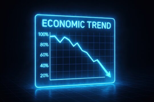 A glowing digital chart displays a downward economic trend, highlighting a decline in performance over time.
