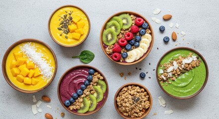 Bowls with colorful smoothie and fruit toppings arranged on a light surface.