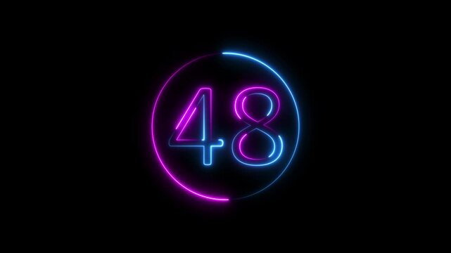 Abstract Glowing neon number 48. Educational mathematics 48 animation on black background. 4k motion graphics animation.
