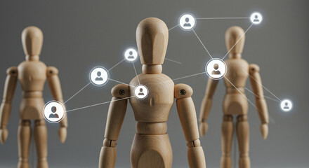 Obraz premium Wooden Figures Connected Representing Social Network and Teamwork Concept